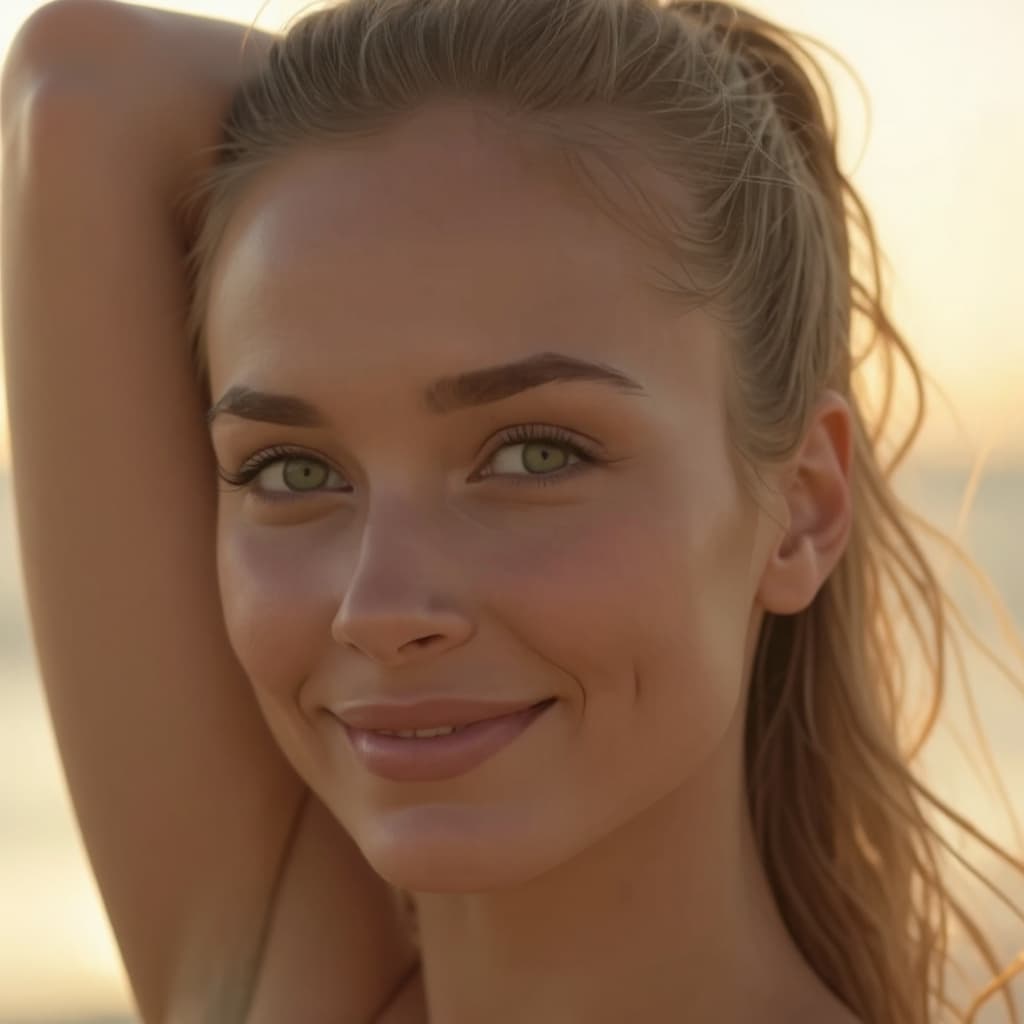 AI generated: A fit slim adult woman stands in a bustling city street bathed in warm golden hour sunlight. Her vol...