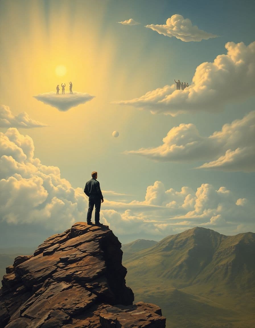 AI generated: A surreal landscape in the combined style of Joos de Momper and Max Ernst, a man standing on a rocky...