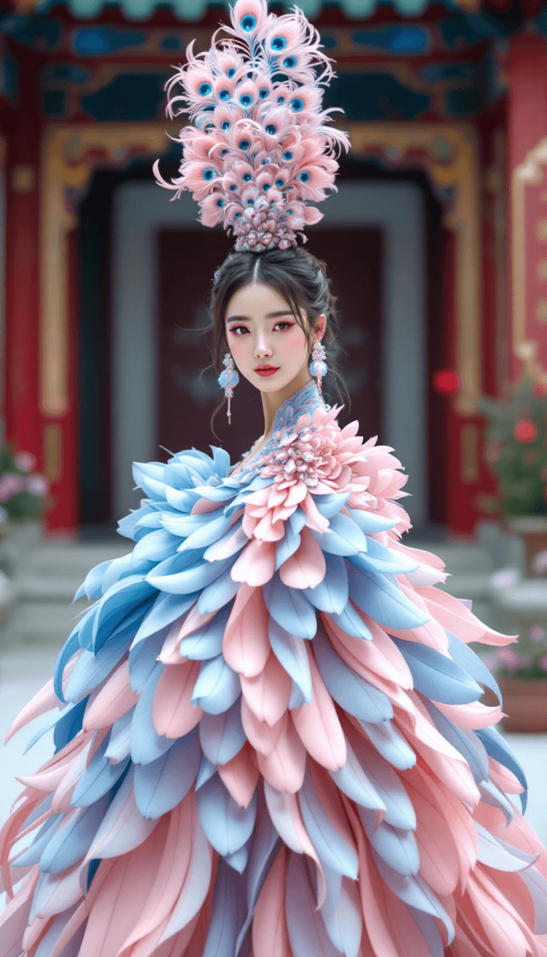 AI generated: photo of an korean queen wearing a peacock feathery haute couture feather dress, soft pink and blue ...