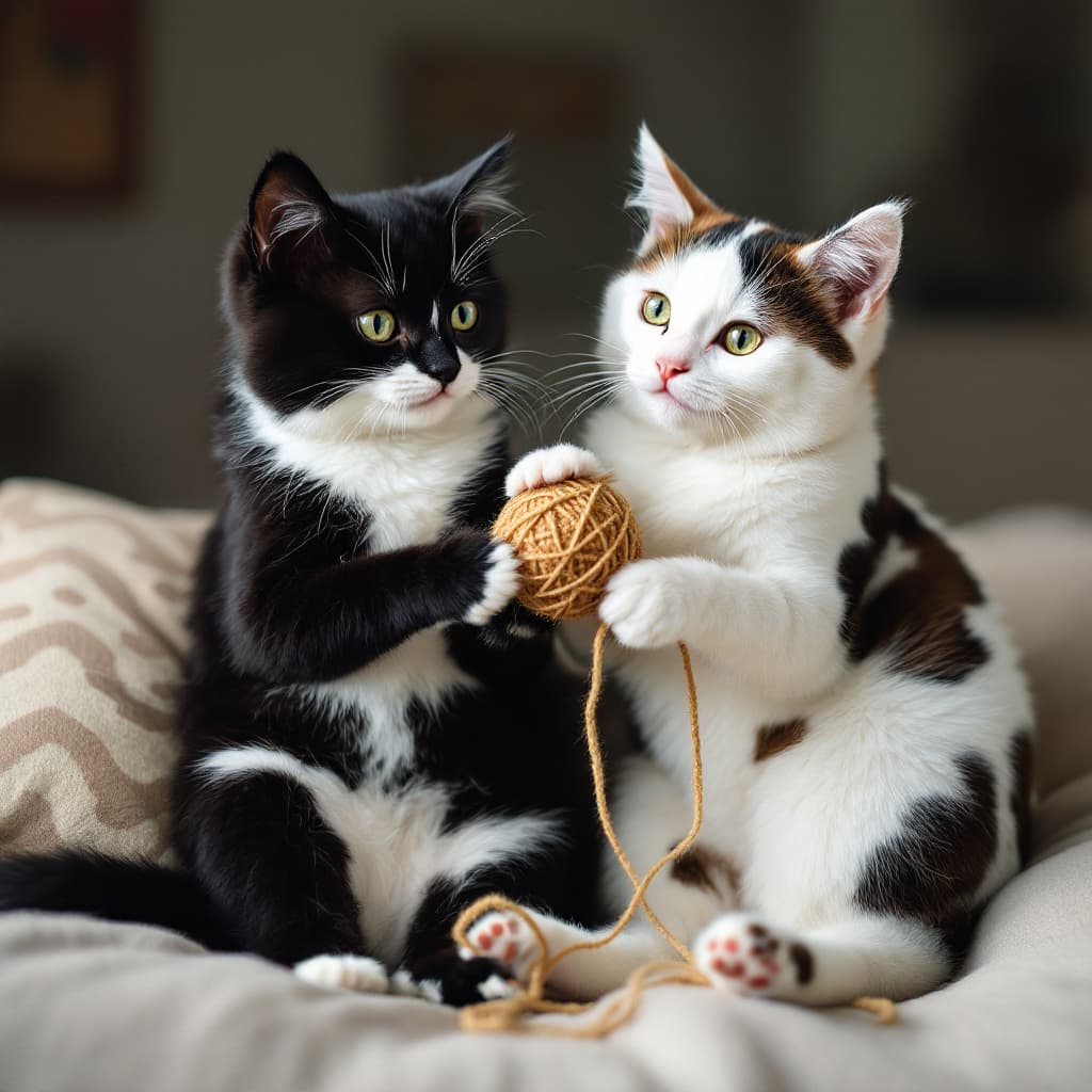 AI generated: A tuxedo cat and a cow pattern cat sitting on a pillow playing with a ball of string. 