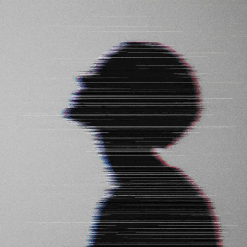 AI generated: glitch art with linear distortion, horizontal scan lines and digital interference, vertical portrait...