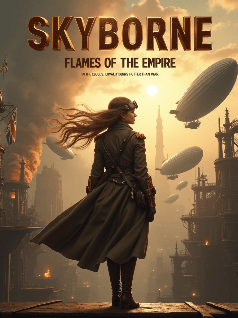 AI generated: Steampunk movie poster â alternate timeline British Empire. A heroic young female zeppelin pilot s...