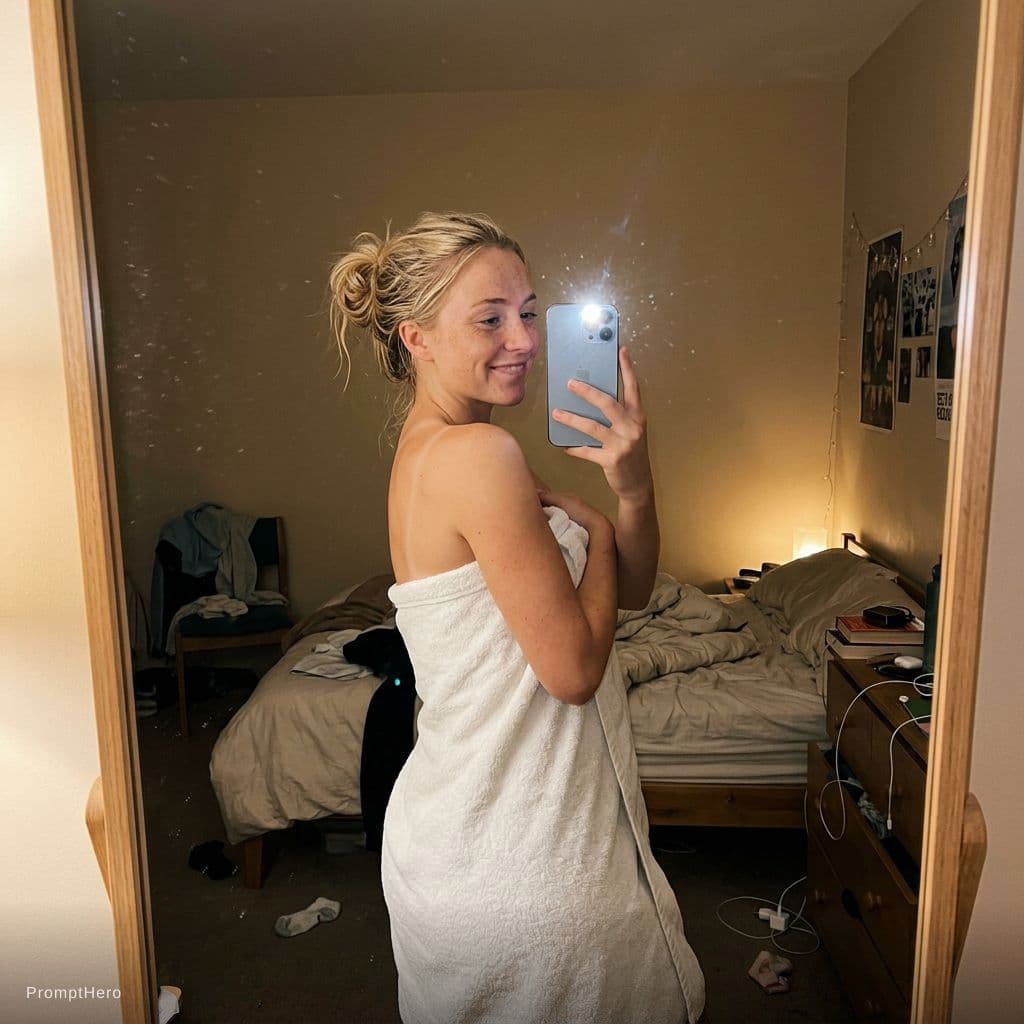 AI generated: Ultra realistic, mirror self shot picture, iPhone 13 Pro, slight camera flash, high quality image, s...