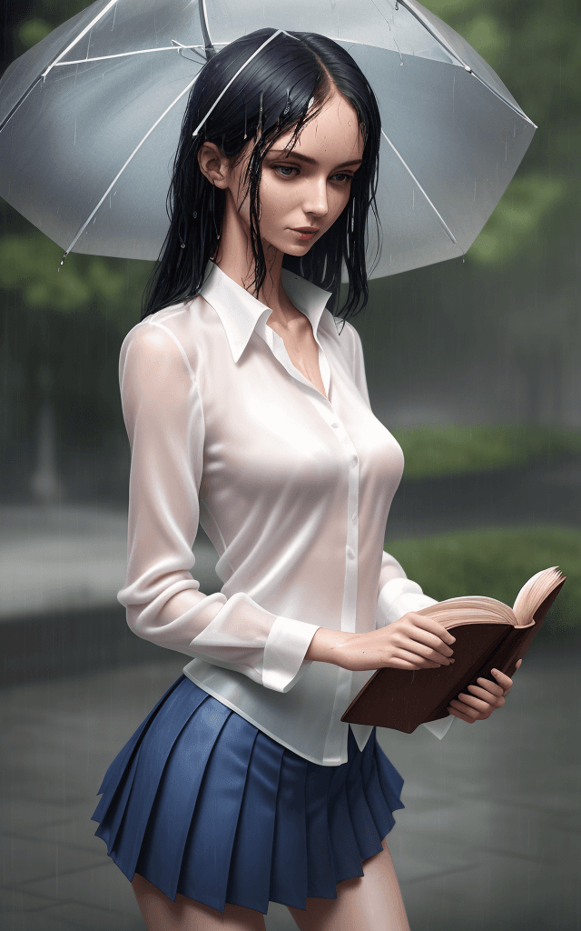 AI generated: a flat breast skinny woman wearing a wet white silk blouse and pleated blue skirt under the rain in ...