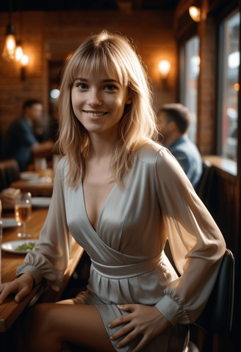 AI generated: This is a photograph of a woman sitting on a chair in a busy restaurant wearing a loose, long sleeve...