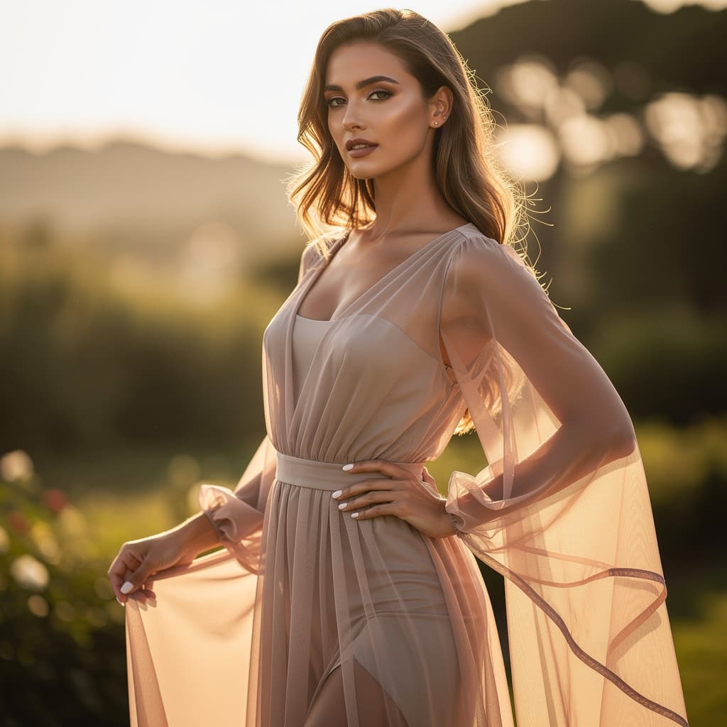 AI generated: Truly beautiful confident woman wearing a sheer dress outdoors