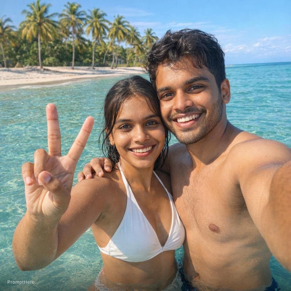 AI generated: happy couple taking a selfie on a sunny tropical beach. I need selfie camera pov. They are both smil...