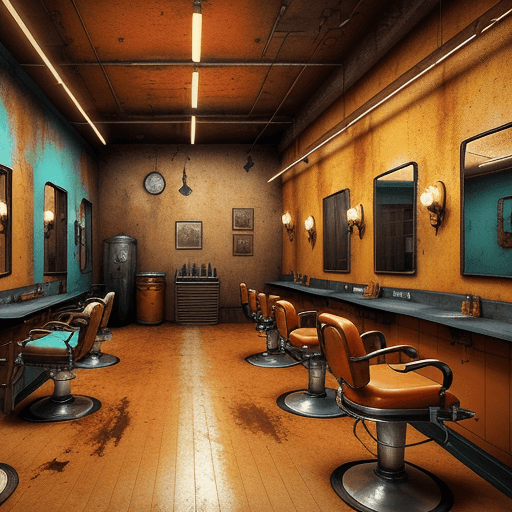 AI generated: realistic photo of vintage barbershop with orange ocher tones, rust, turquoise tones, industrial dec...