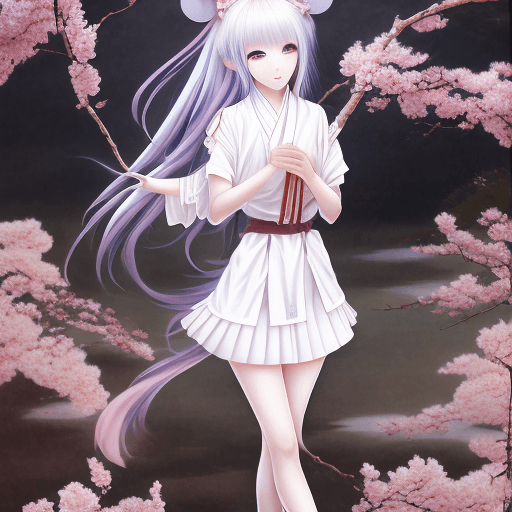 AI generated: anime girl in full white outfit holding Japanese tshirt and wearing black skirt, in the style of tra...