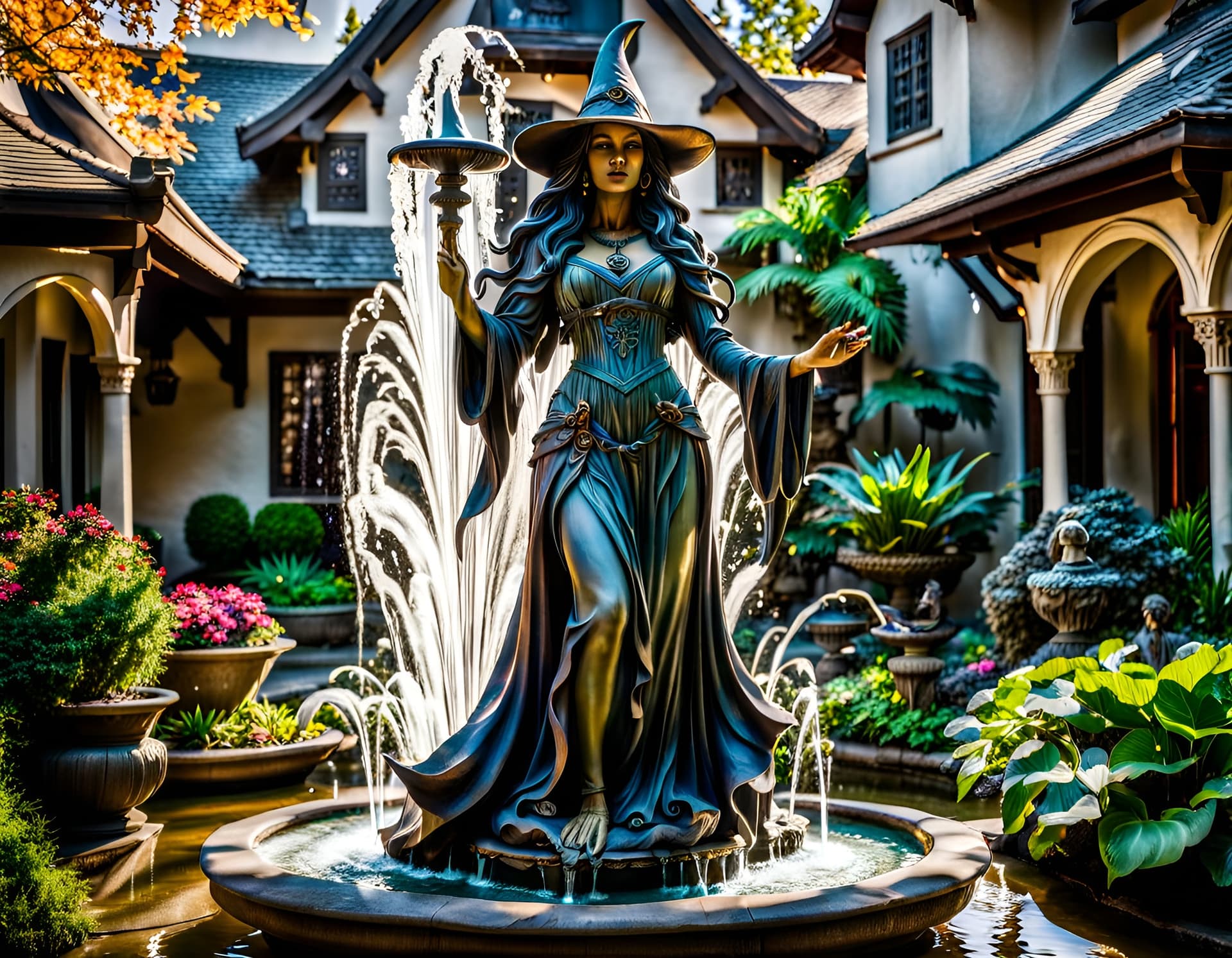AI generated: a courtyard adorned with a majestic witch statue, sculpted in astonishing detail, water gracefully f...