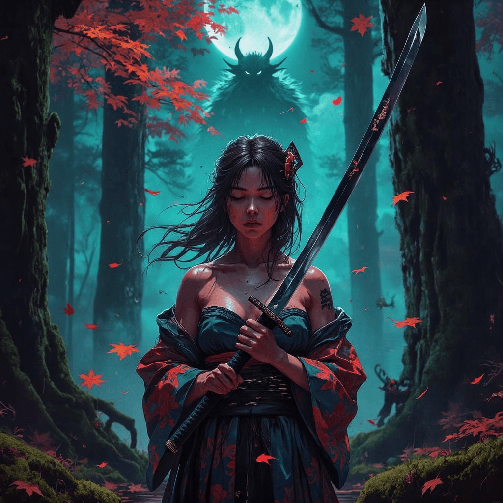 AI generated: A serene yet intense scene in a dense, ancient forest during the stillness of twilight. A woma, one ...