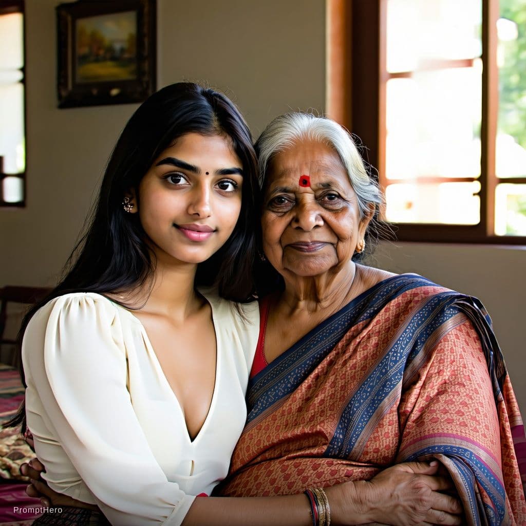 AI generated: A 24 year fair ,chubby ,  indian girl wearing only a deep neck blouse showing cleavage  sharing a be...