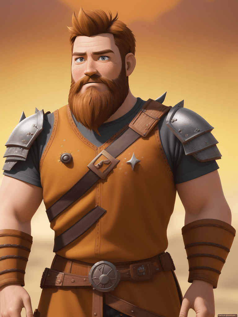 AI generated: Realistic 3D sunny bright Pixar-style image : 35 years old: handsome man , warrior man, light brown ...