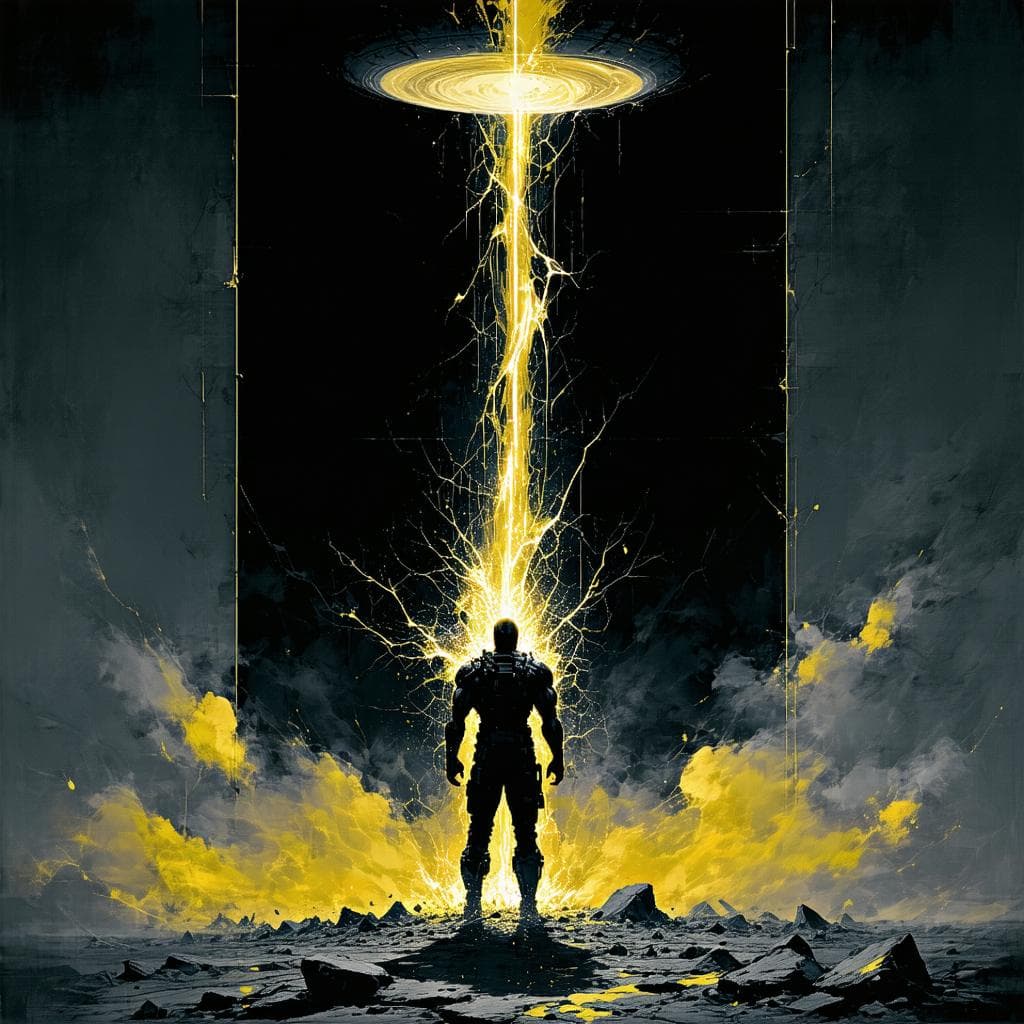 AI generated: Darkwave, synthwave,  epic music album cover. It portrays a close up of a floating very muscular per...