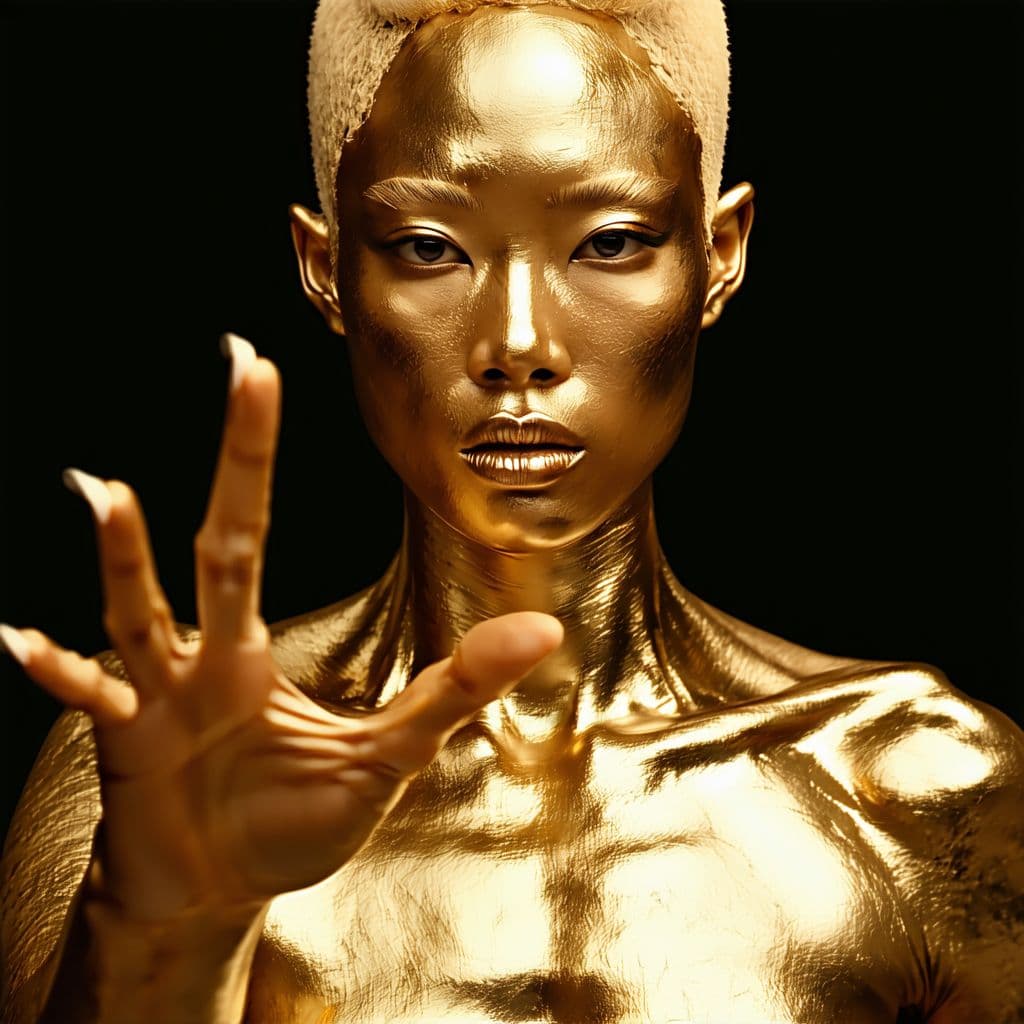 AI generated: An androgynous being, full body portrait covered completely in gold from head to toe, all features a...