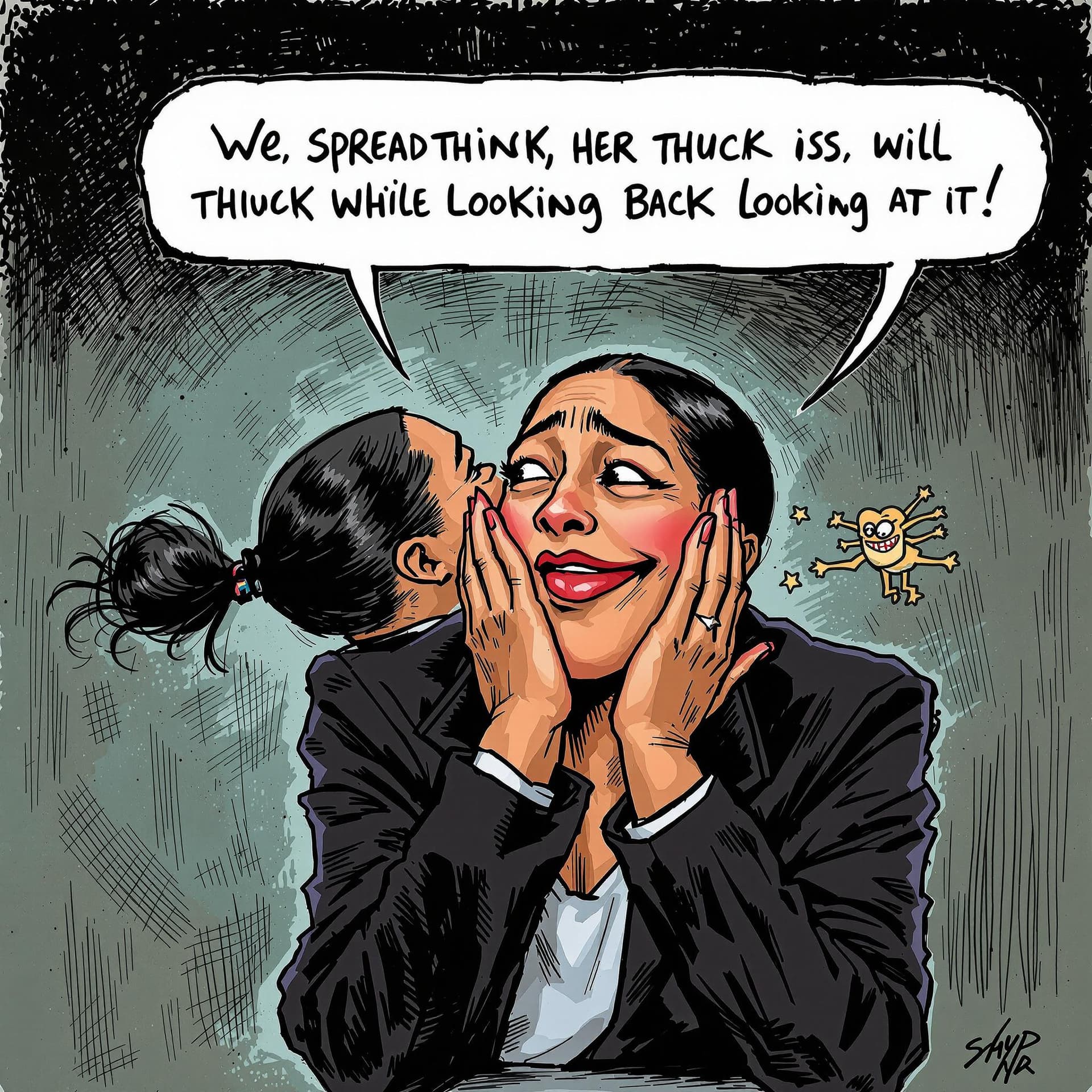 AI generated: AOC spreading her thick ass cheeks while looking back at it.