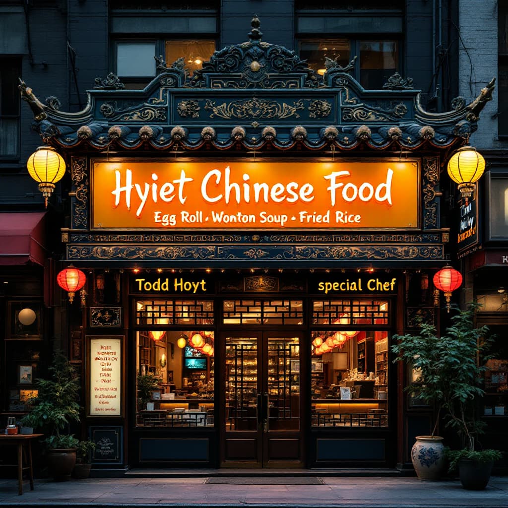 AI generated: The front of a Chinese food restaurant with a sign that says "Hyiet Chinese Food" "Egg Roll Wonton S...