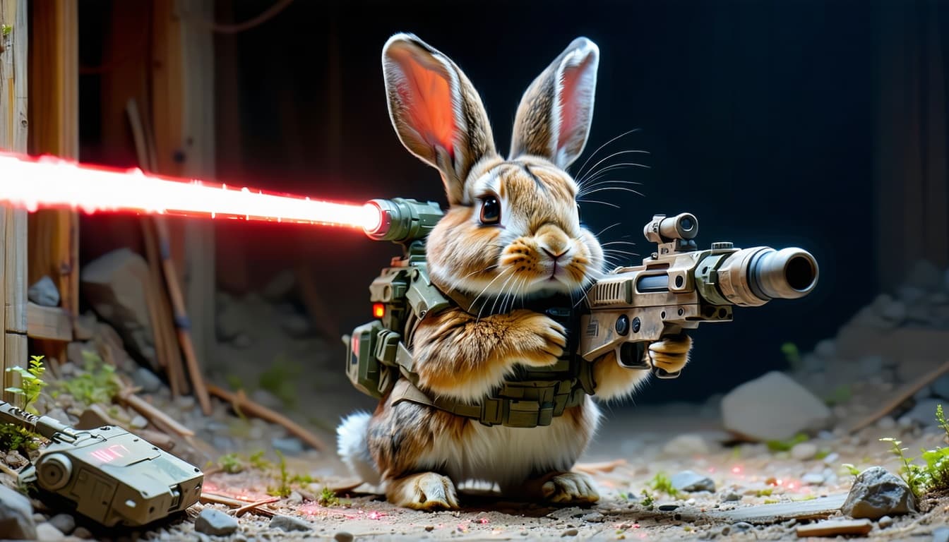 AI generated: Crazy rabbit with laser guns, photo, insanely detailed