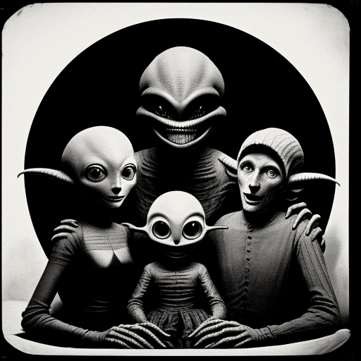 AI generated: daguerotype photo, family, with alien monster, style: Murnau