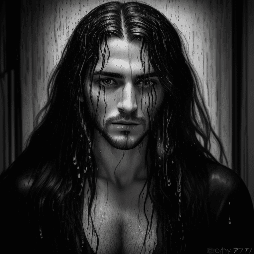 AI generated: italian man with long hair in a house, in the style of black and white imagery, gritty hollywood gla...