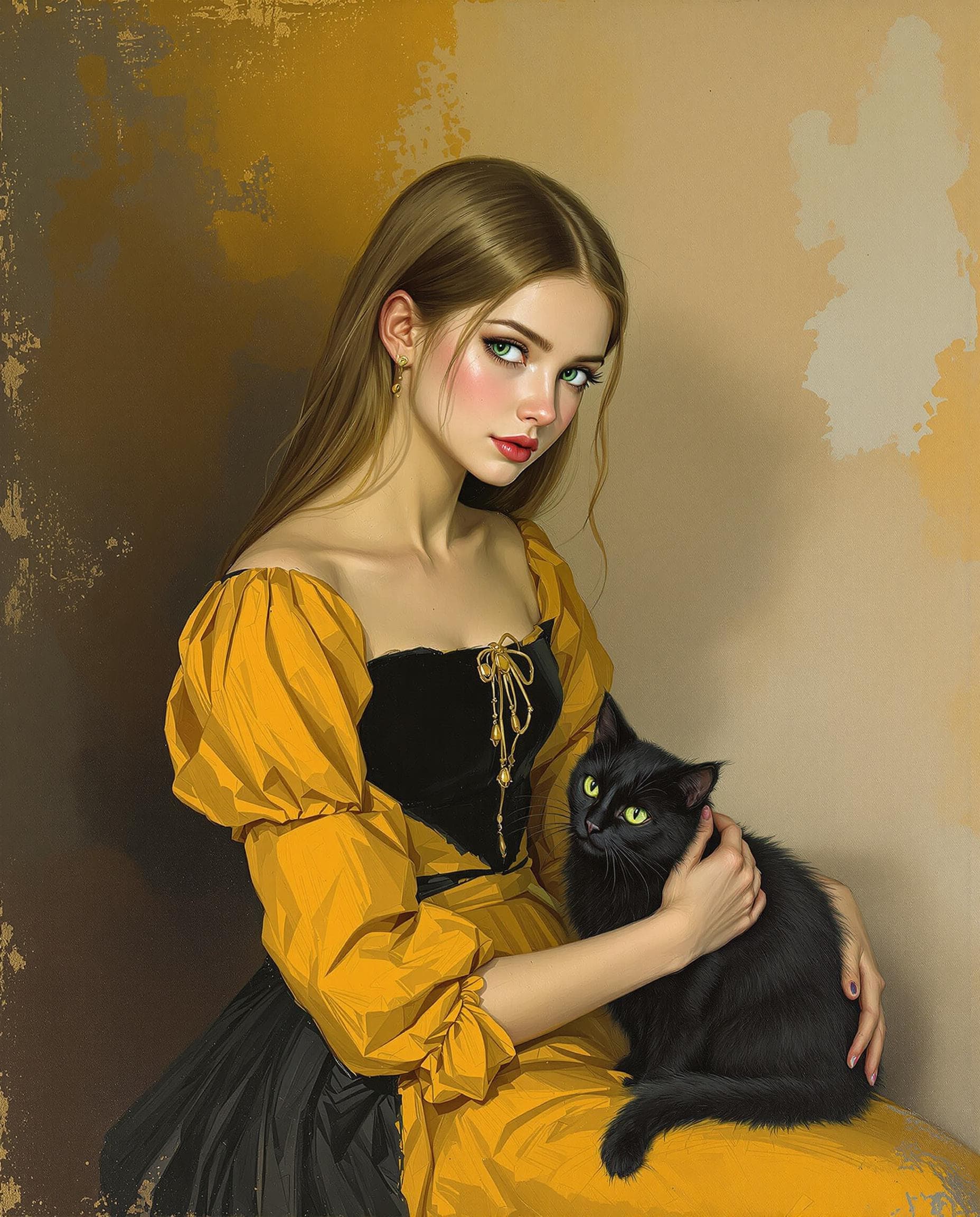 AI generated: Uma pintura a óleo com técnica de impasto suave, retratando uma jovem garota de cabelos loiros e lon...