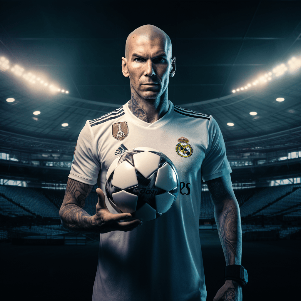 AI generated: hyper realistic zinedine zidane, real madrid equipation authentic, with soccer ball, with tattoos in...