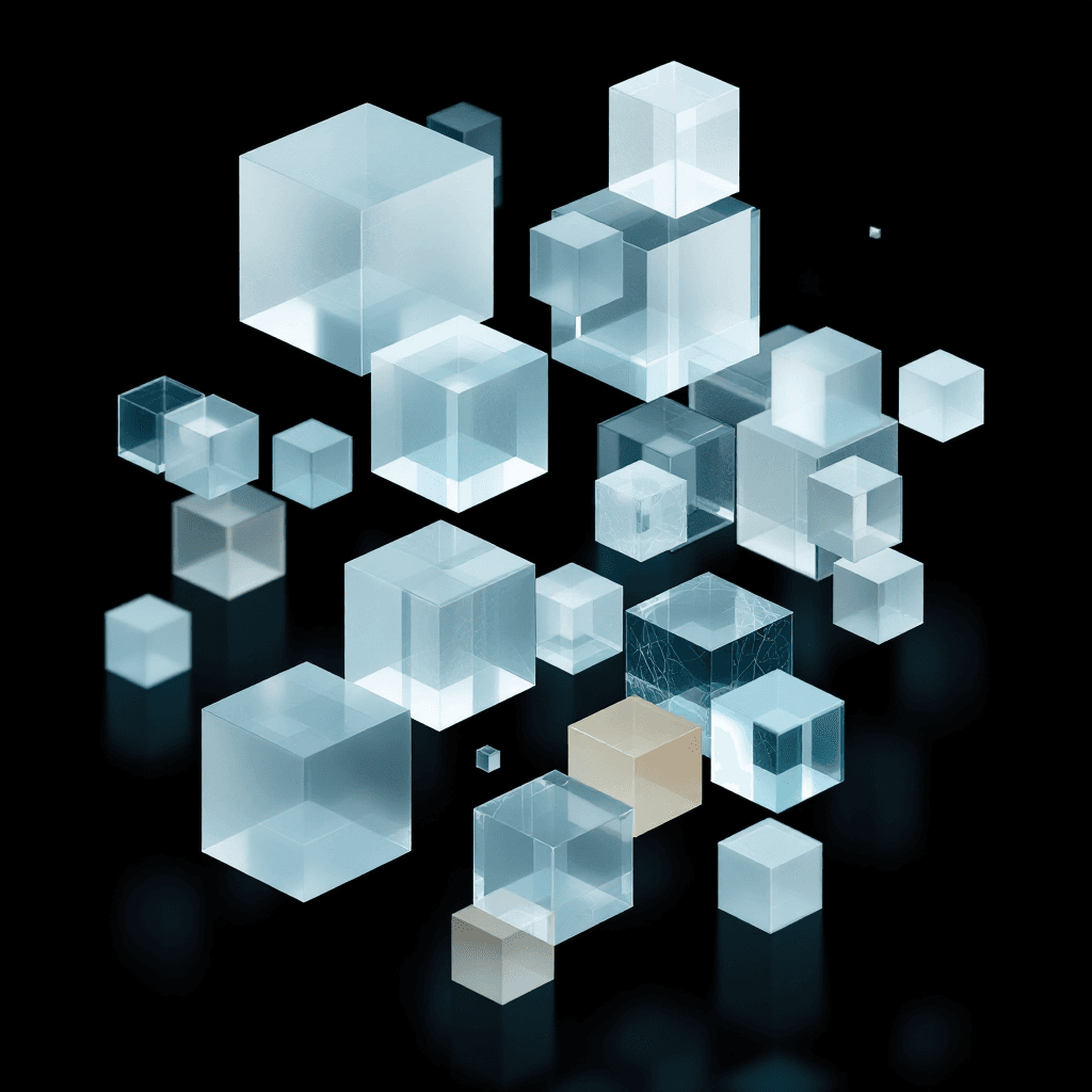 AI generated: 3D geometric shapes composition, translucent cubes in shades of ice blue, soft white and warm beige,...