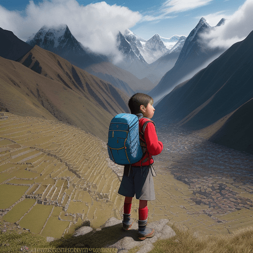 AI generated: In this enchanting illustrated image, we see Teo Q, a 10-year-old boy from Cuzco, Peru, on one of hi...