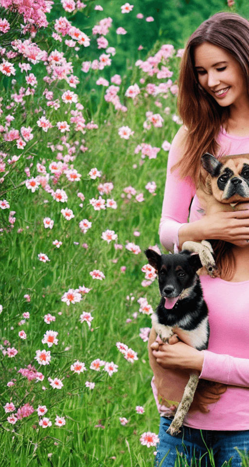 AI generated: American woman holding a dog in a flowery park, green field with flowers around, detailed, realistic...