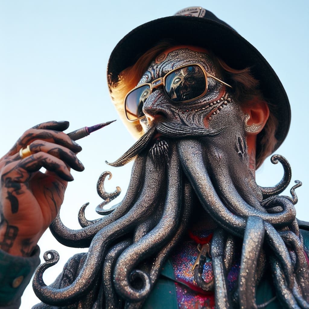 AI generated: Famous Street Artist Designer with realistic glittery fantasy paint effects, H. P. Lovecraft, H. R. ...