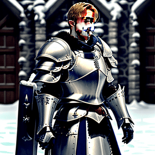 AI generated: Ryan Gosling A white male muscular armored Knight  in the snowy castle walls . He has a special plat...