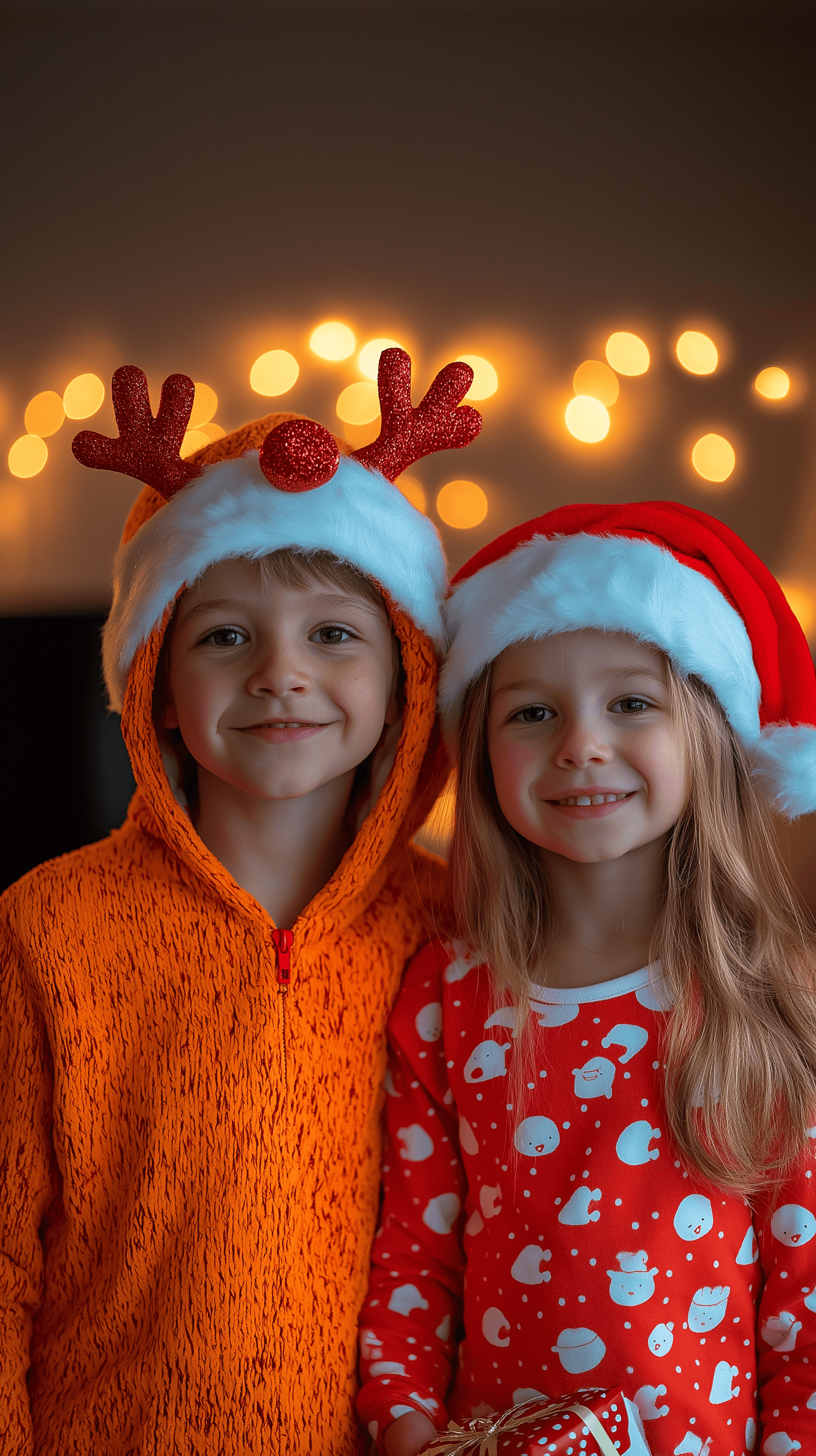 AI generated: photography, 8-year-old boy and girl, happy facial expression, upper-body, child in a dollish rudolp...