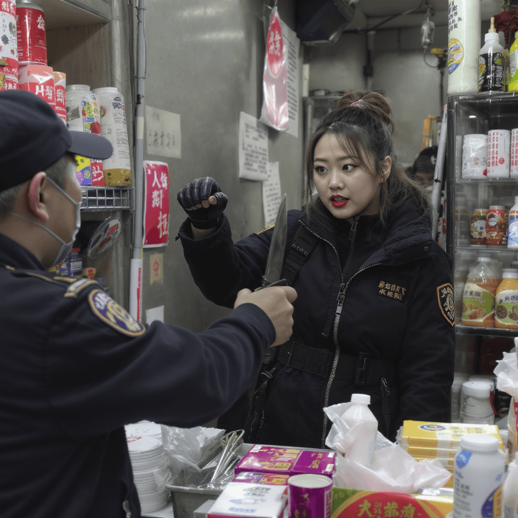 AI generated: korean female gangster, threatening the shop owner at knife point to pay up for there protection mon...