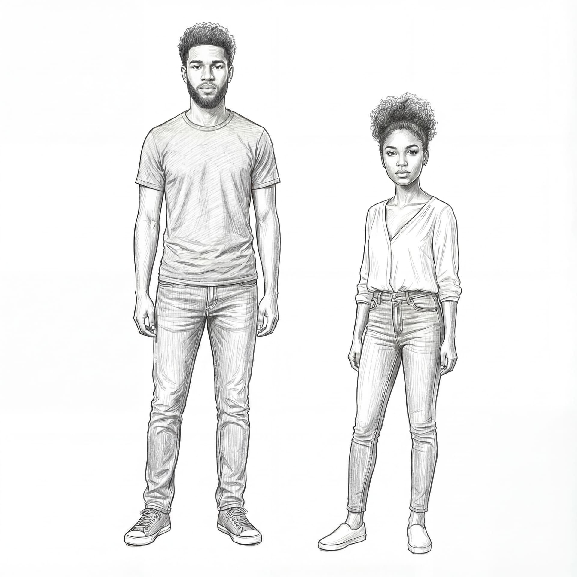 AI generated: For the guy in left add faded beard. For the woman adjust her body to be Full frontal, front view, p...