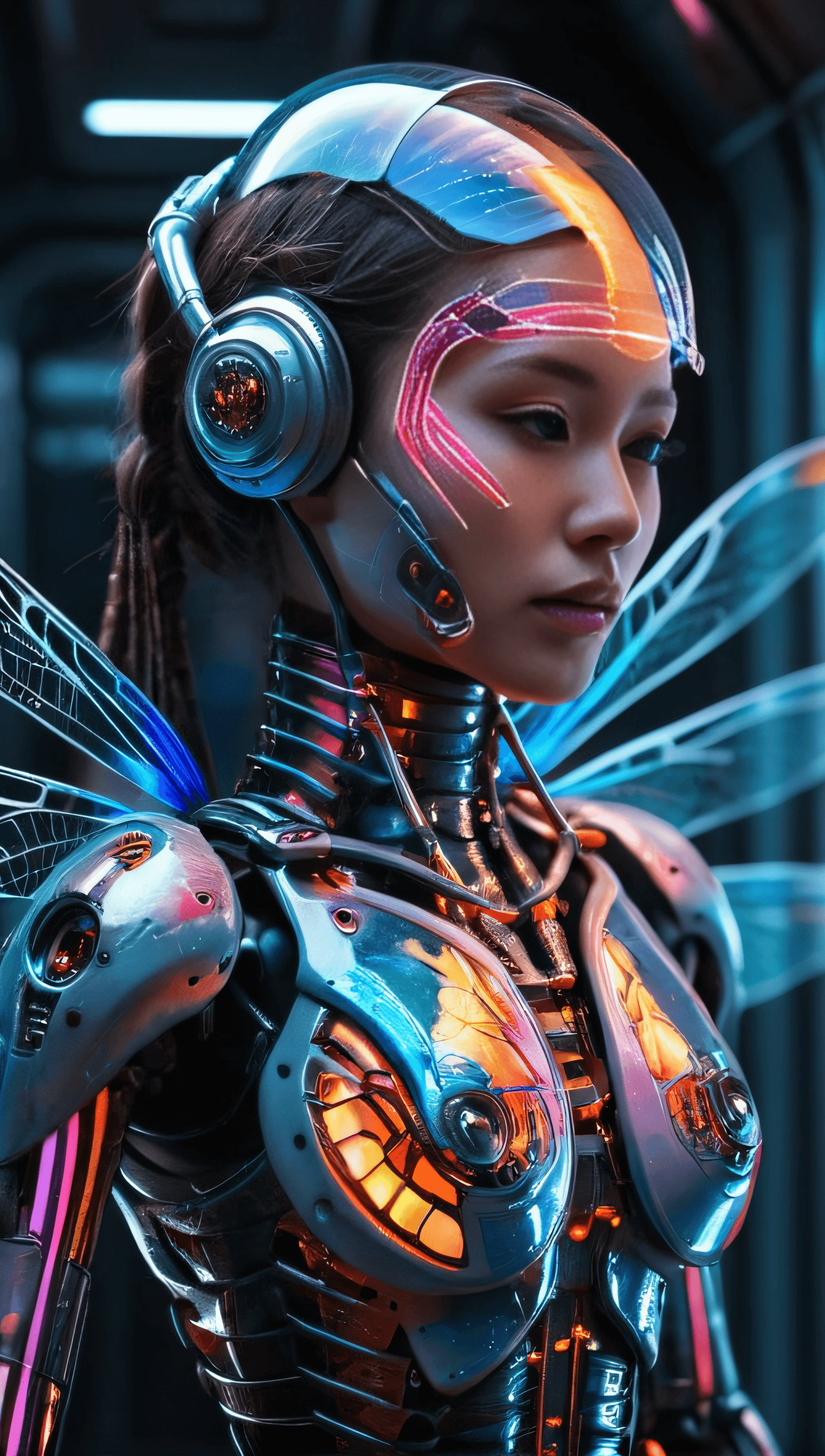 AI generated: Ultra-detailed cyborg in a spaceship, with anthropomorphic cybernetic elements on metal armor, Trans...