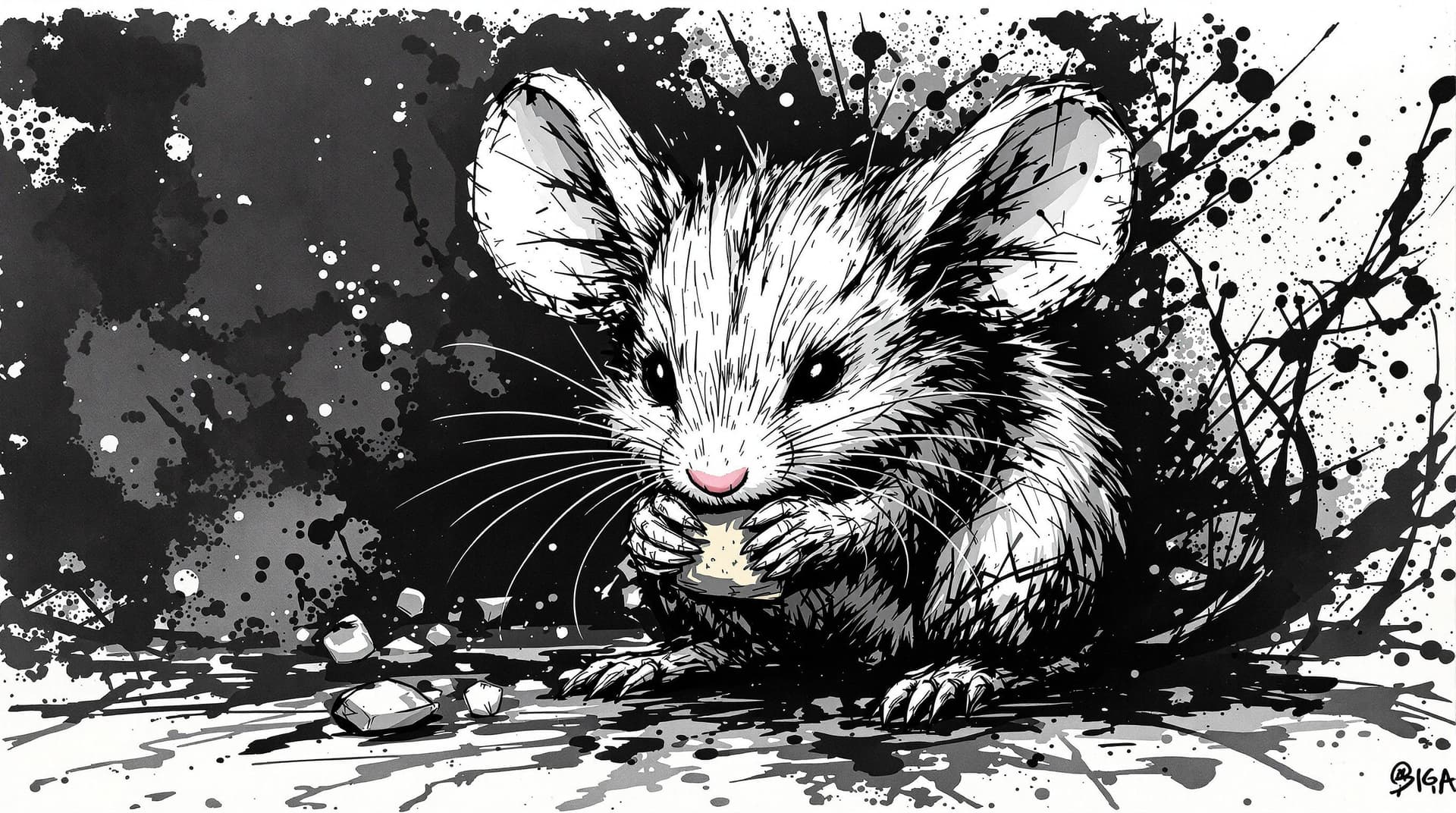 AI generated: cute Mouse with straight face grabing something, detailed,ink style,Ink splash art on the background...
