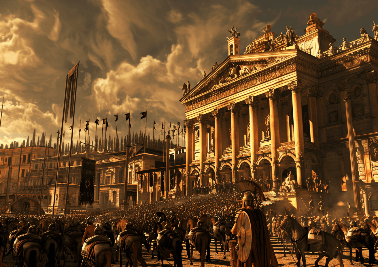 AI generated: a huge crowd is gathered outside a large building,, in the style of roman art and architecture, phot...