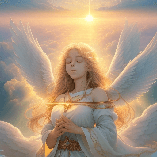 AI generated: masterpiece, high quality, best quality, AngelicAI, angel, morning sunrise, celestial, radiant, ethe...