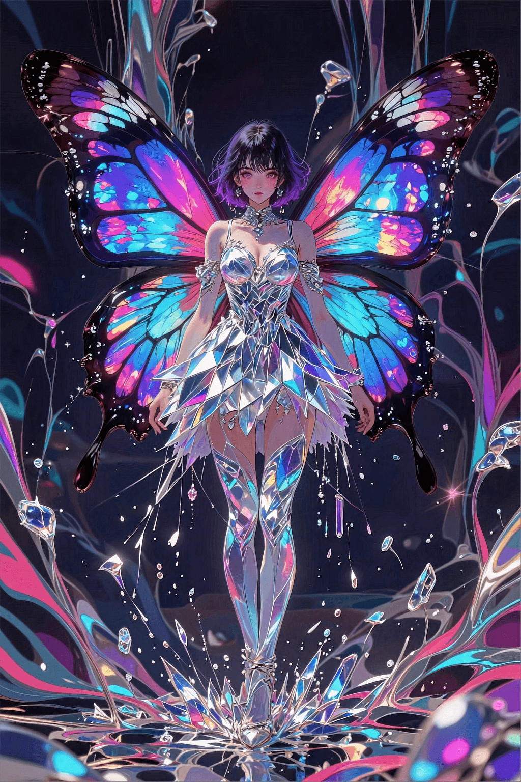 AI generated: A vertical surreal anime masterpiece of a butterfly girl standing in a liquid chrome vortex. She has...