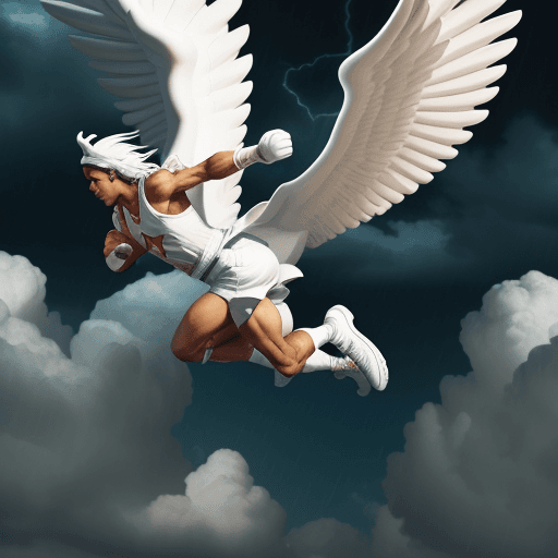 AI generated: Hermes running in the sky with wing white Air Jordan shoes on and heavy stormy and lighting in the
 ...
