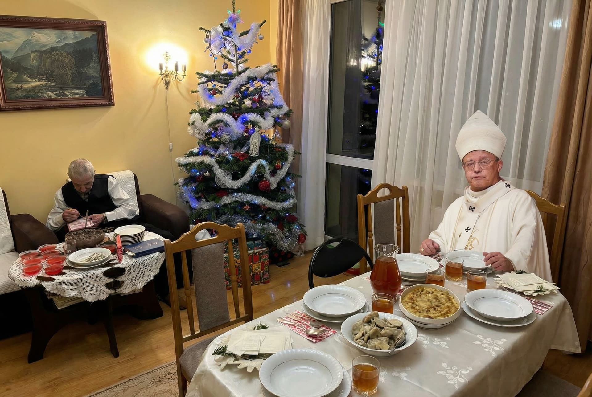 AI generated: Add the priest siting to the image with the christmas tree
