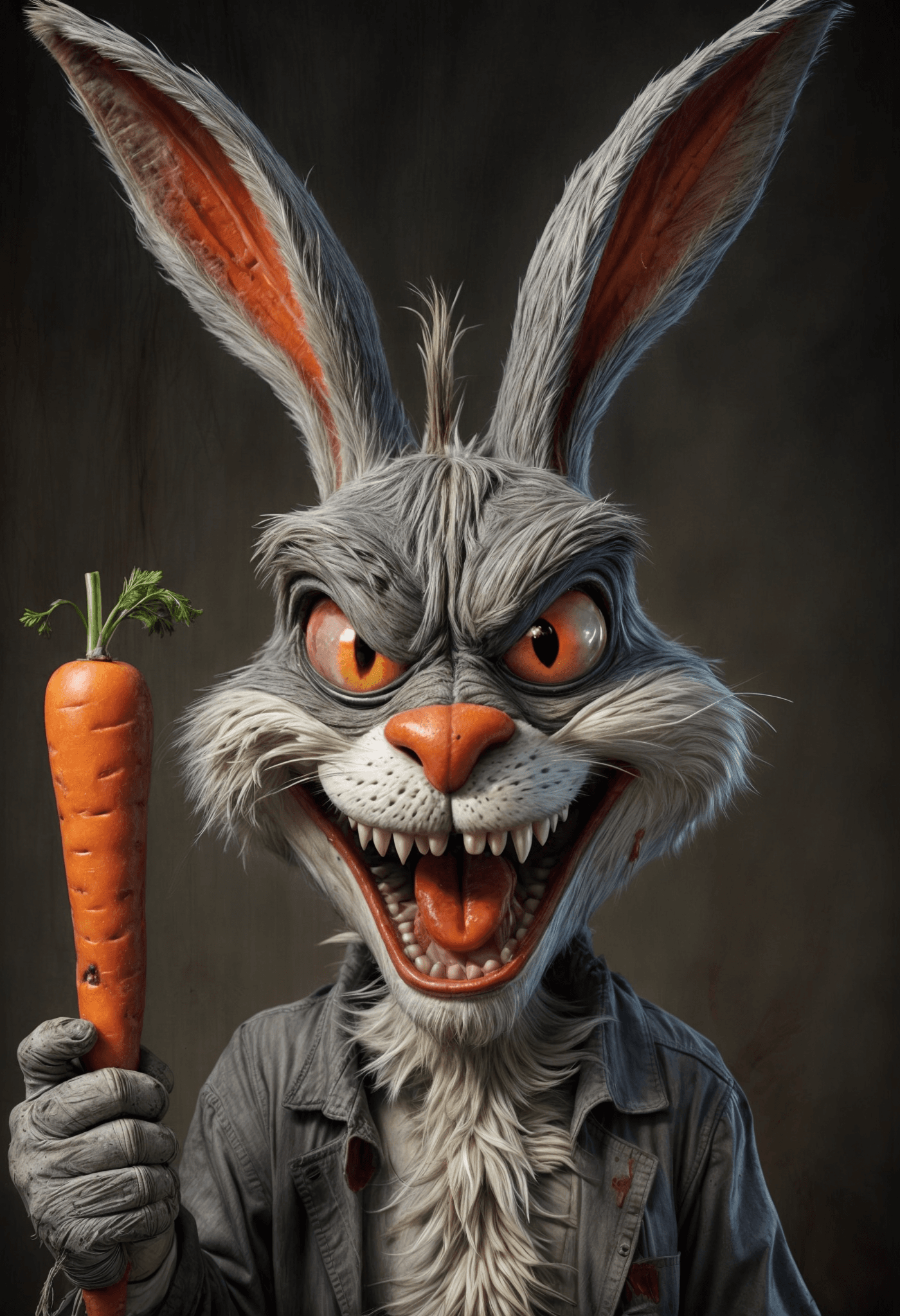 AI generated: a horror-themed, exaggerated full-body caricature of Bugs Bunny. His face is twisted with menacing, ...
