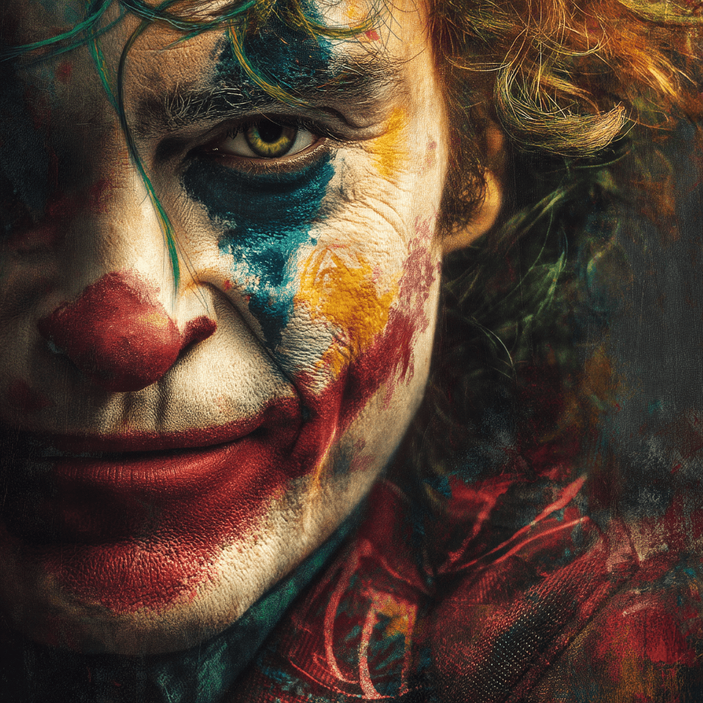 AI generated: Close-up portrait of the Joker, Caucasian, adult male, with vibrant, stylized makeup. Intense, expre...