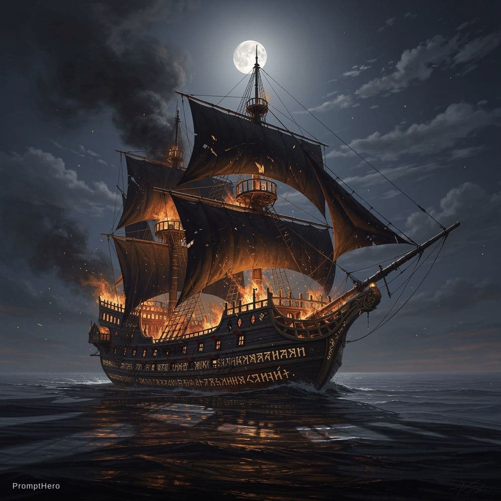 AI generated: A stunning masterpiece that captures the haunting and ethereal beauty of a medieval ship beneath the...