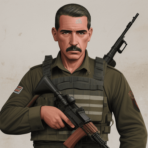 AI generated: Hombre de 34 años , calvo sin pelo, fusil groza fondo caótico estilo guerra mundial,mascota gata,car...