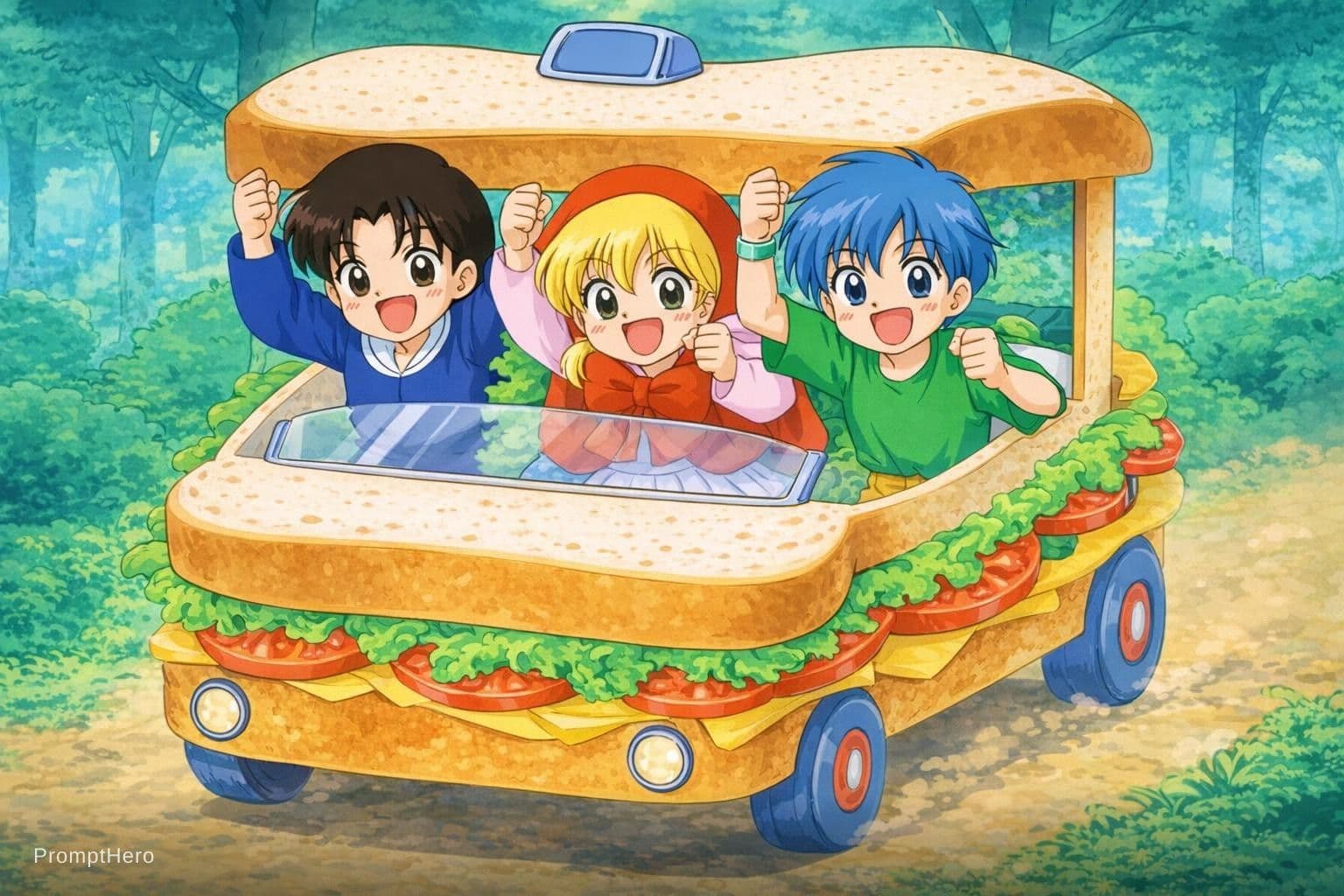 AI generated: riiya human sandwich car akazukin chacha sandwich car shiine-chan sandwich car tv tokyo studio gallo...