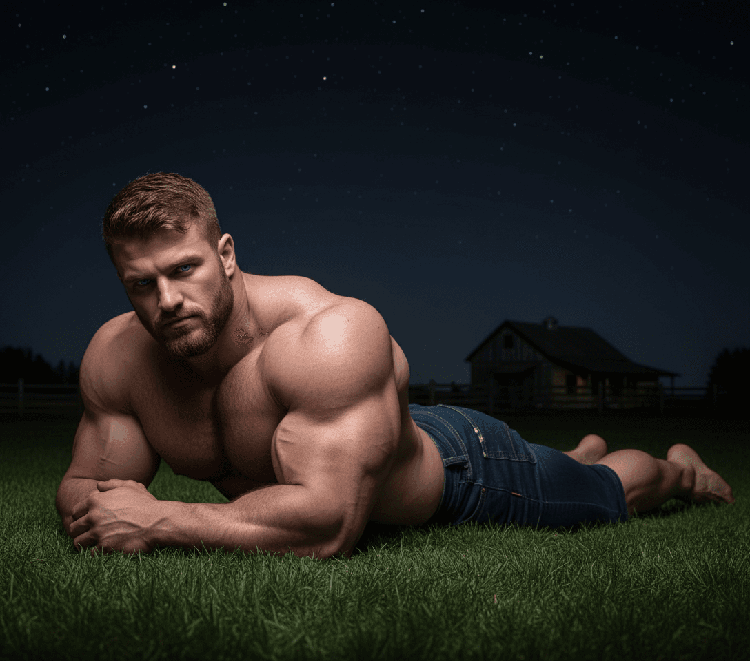 AI generated: Bodybuilder is laid down flat on his belly and chest, his face is rested down on his crossed arms wh...