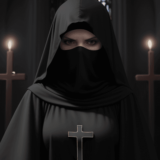 AI generated: woman wearing a dark tunic with a cross drawn on the hood covering her face, leaving only her mouth ...