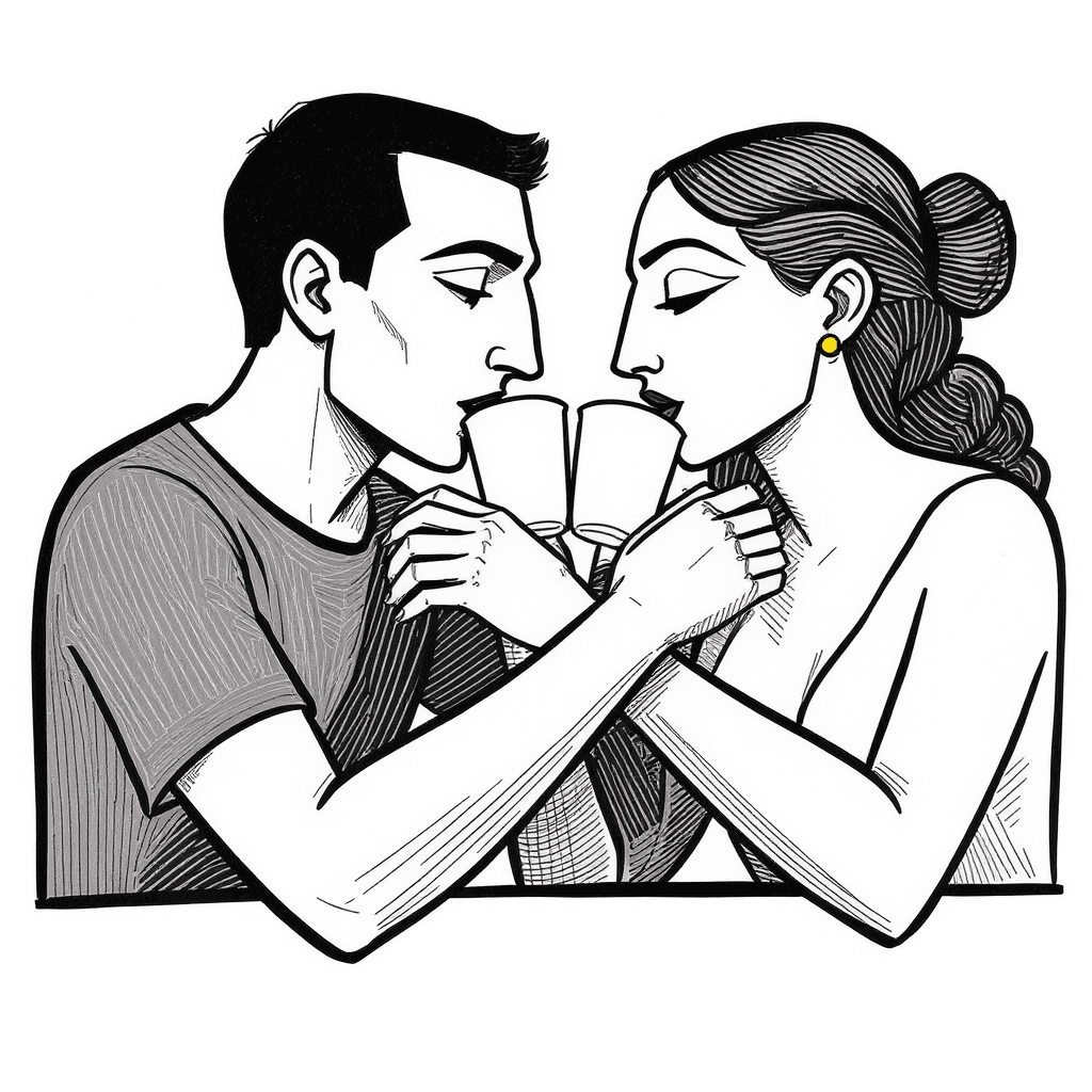 AI generated: Minimalist vector illustration in cubist style inspired by Picasso, depicting a man and a woman at a...