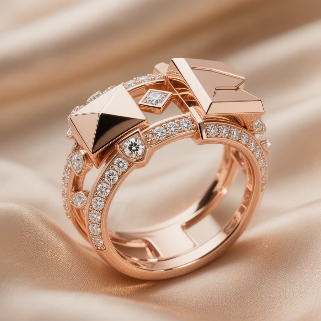 AI generated: Modern luxury open ring in 18K rose gold with a futuristic geometric silhouette and asymmetrical ope...
